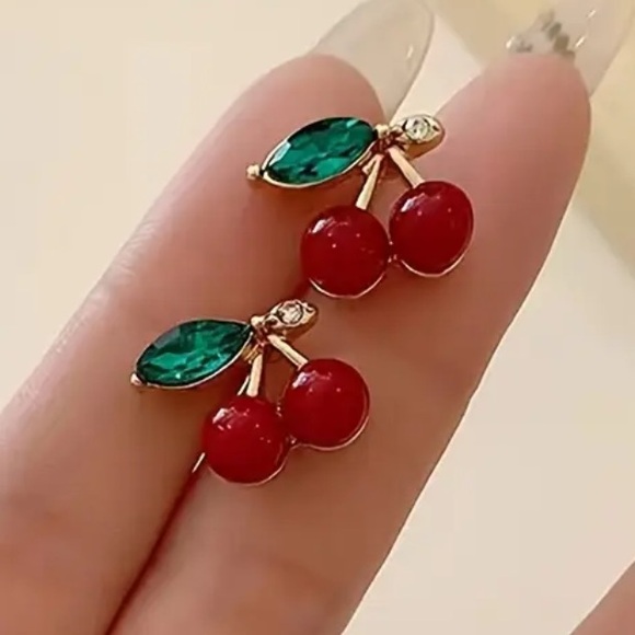 Jewelry - Exquisitely Cute Minimalist Red Cherry With Green Leaves Stud Earrings